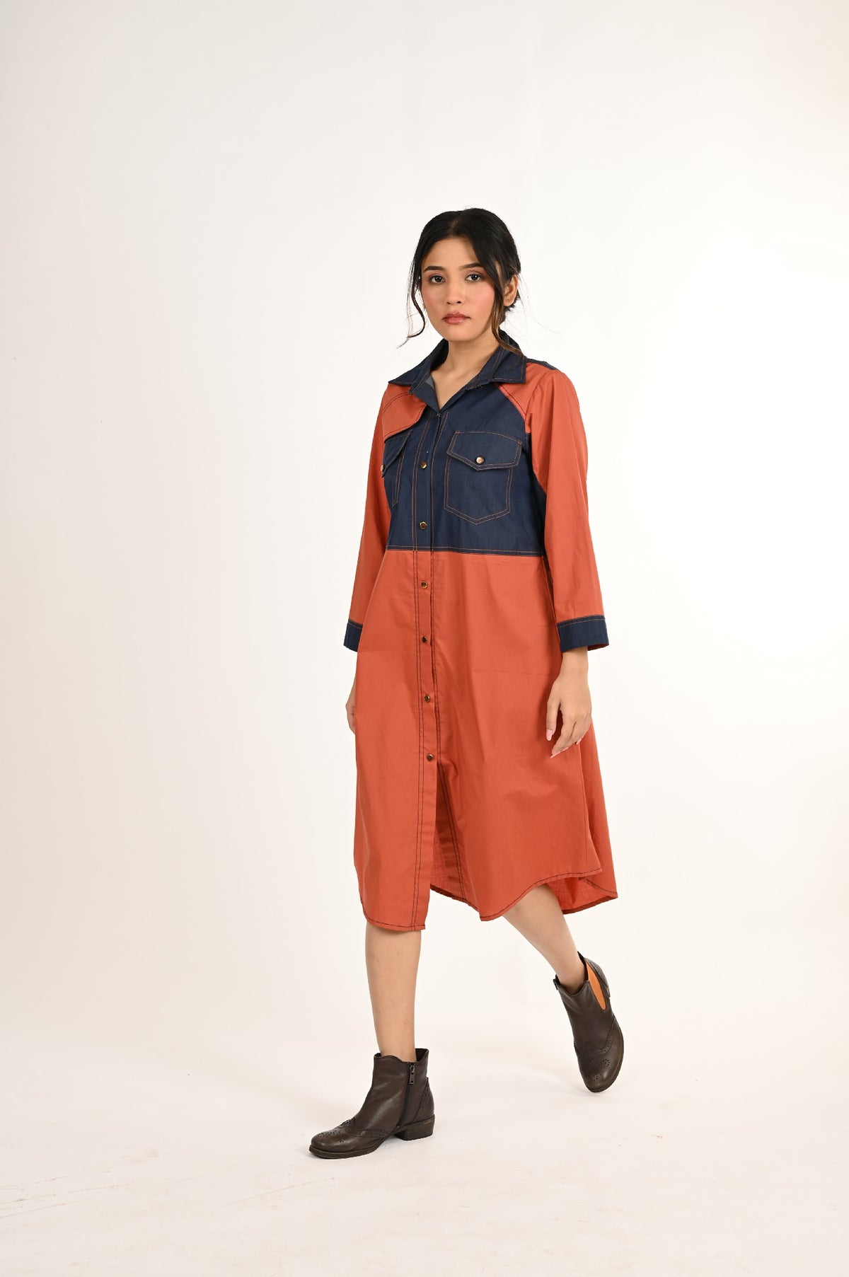 Burnt Orange Denim Yoke Dress