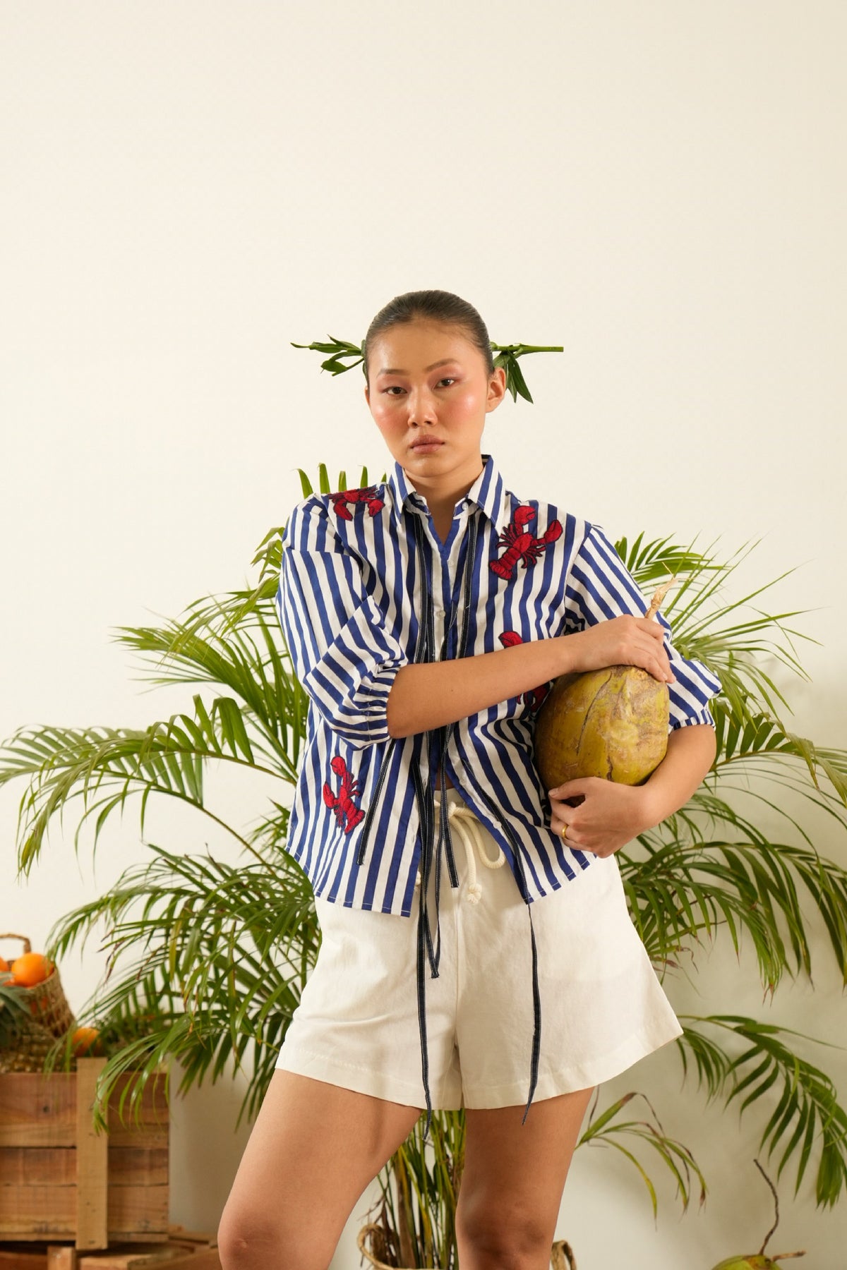 Striped Blue Lobster Embroidered Shirt