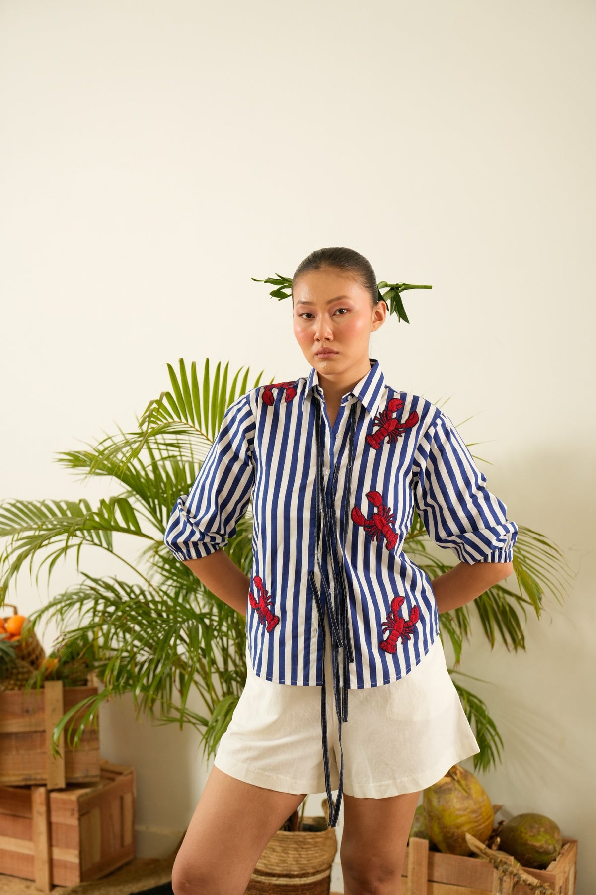 Striped Blue Lobster Embroidered Shirt