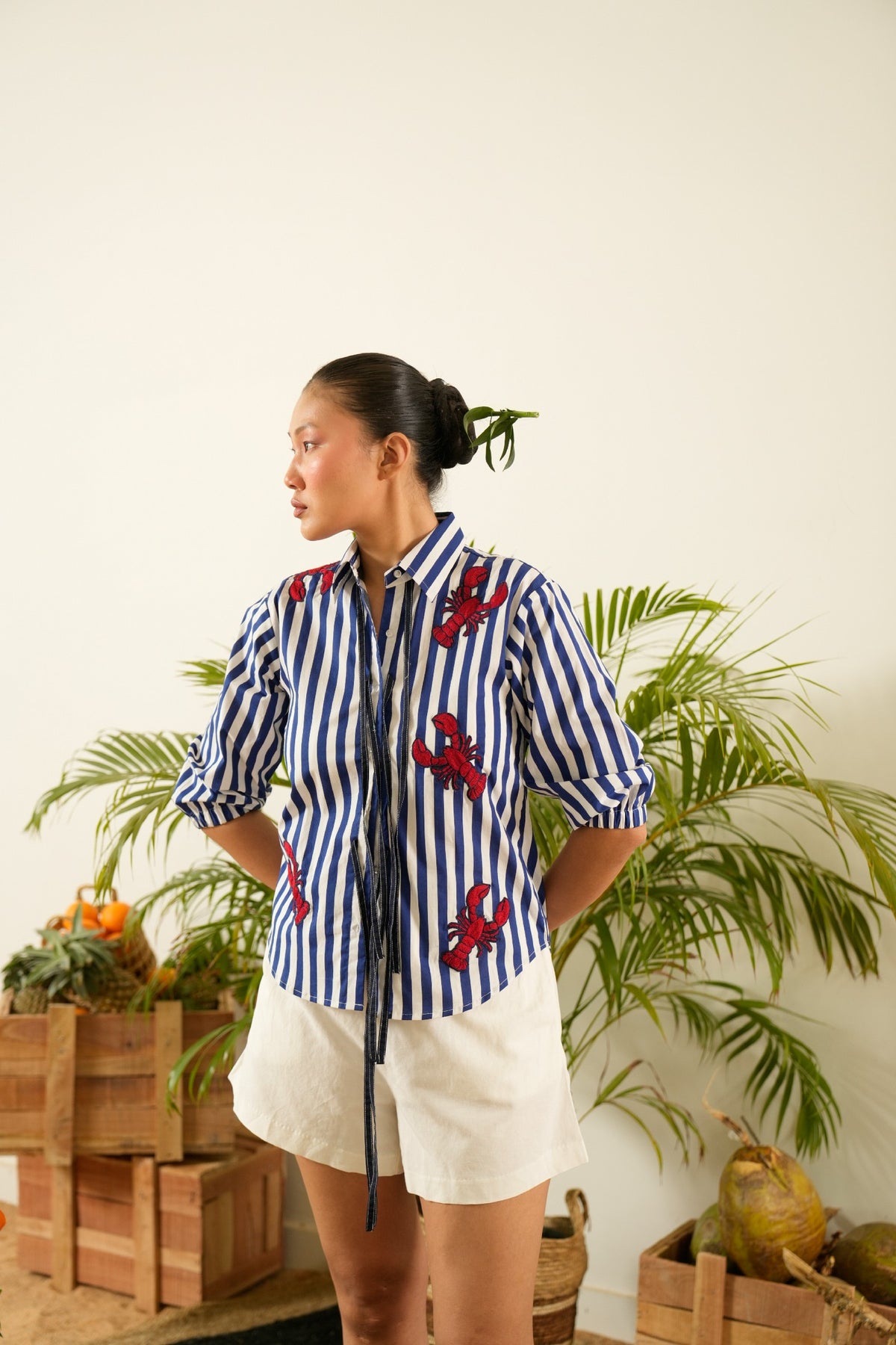 Striped Blue Lobster Embroidered Shirt