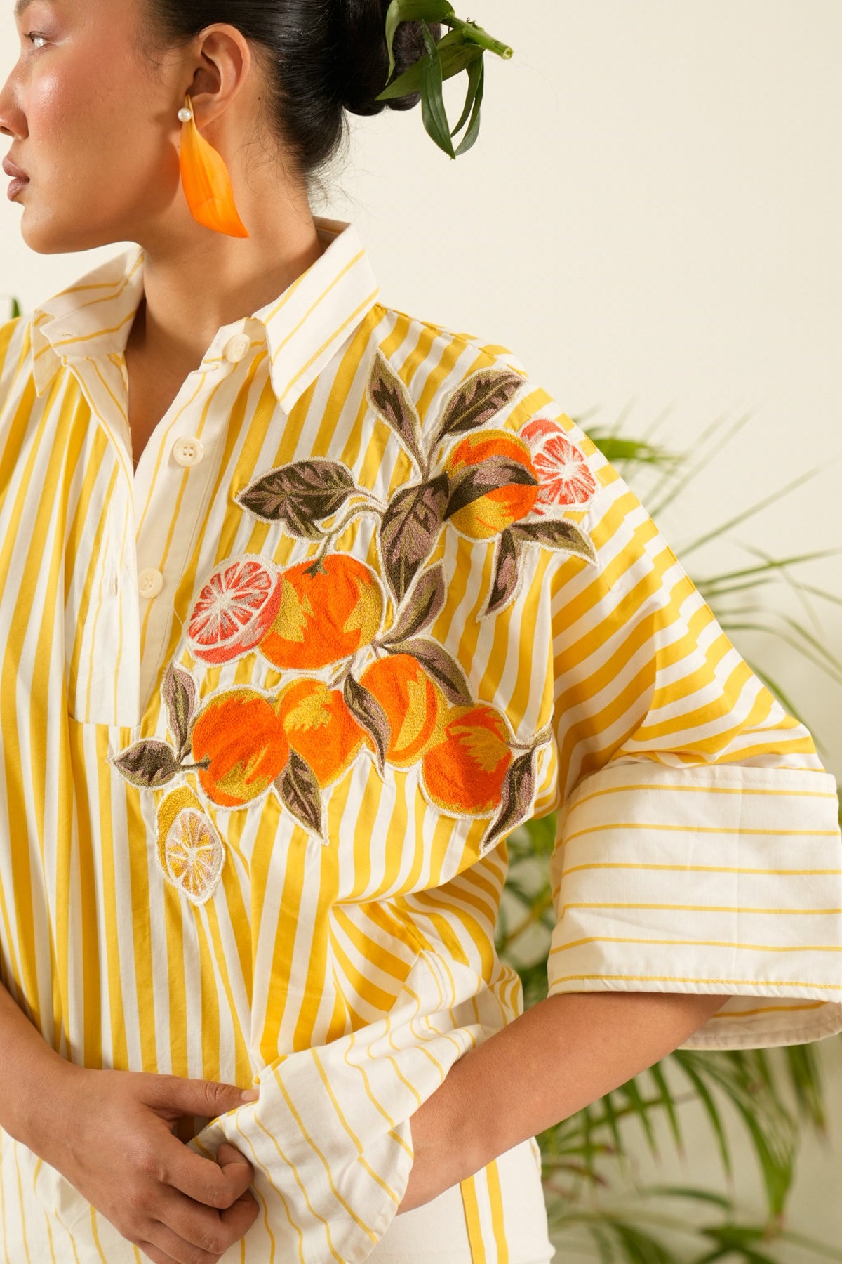 Orange Embroidered Yellow & Striped Top