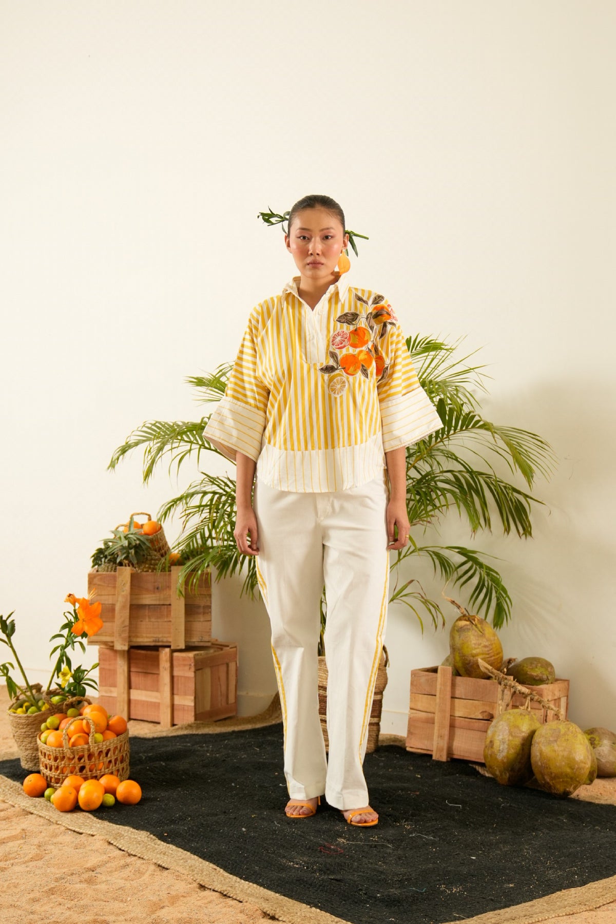 Orange Embroidered Yellow & Striped Top