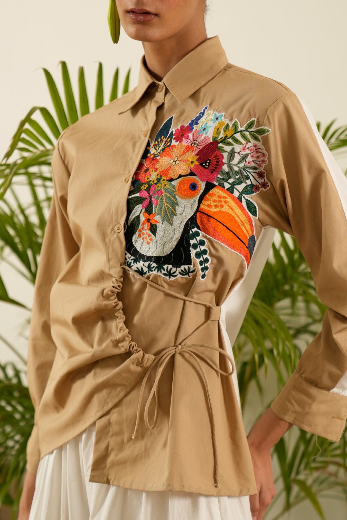 Tropical Embroidered Ruched Shirt