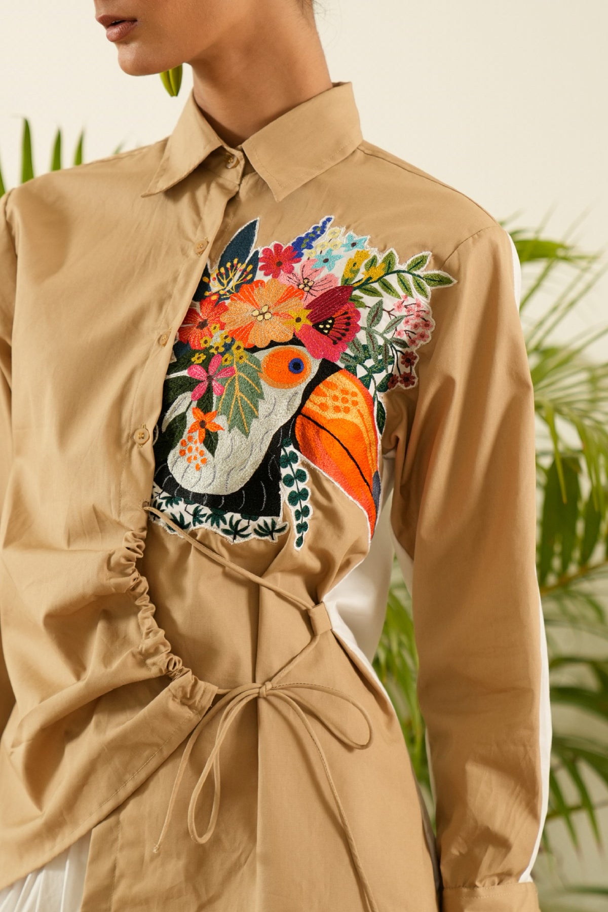 Tropical Embroidered Ruched Shirt