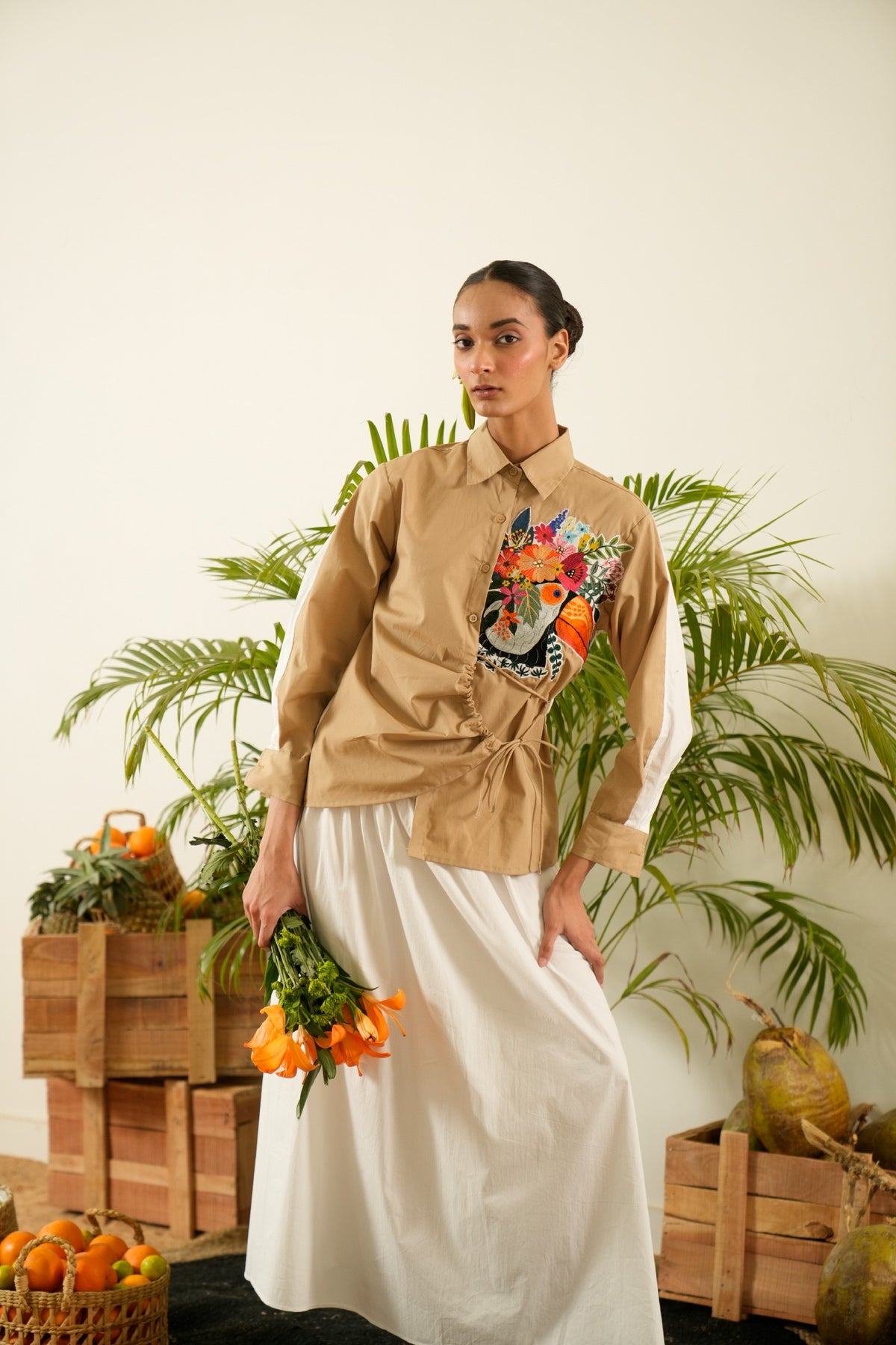 Tropical Embroidered Ruched Shirt