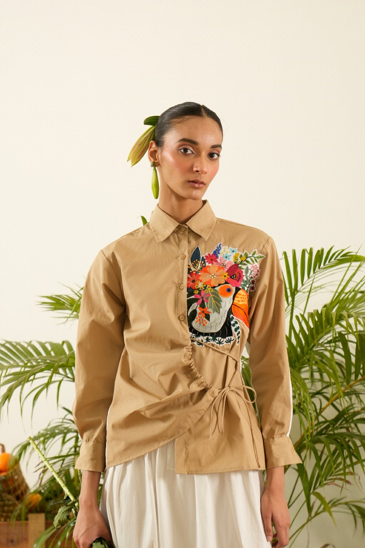 Tropical Embroidered Ruched Shirt