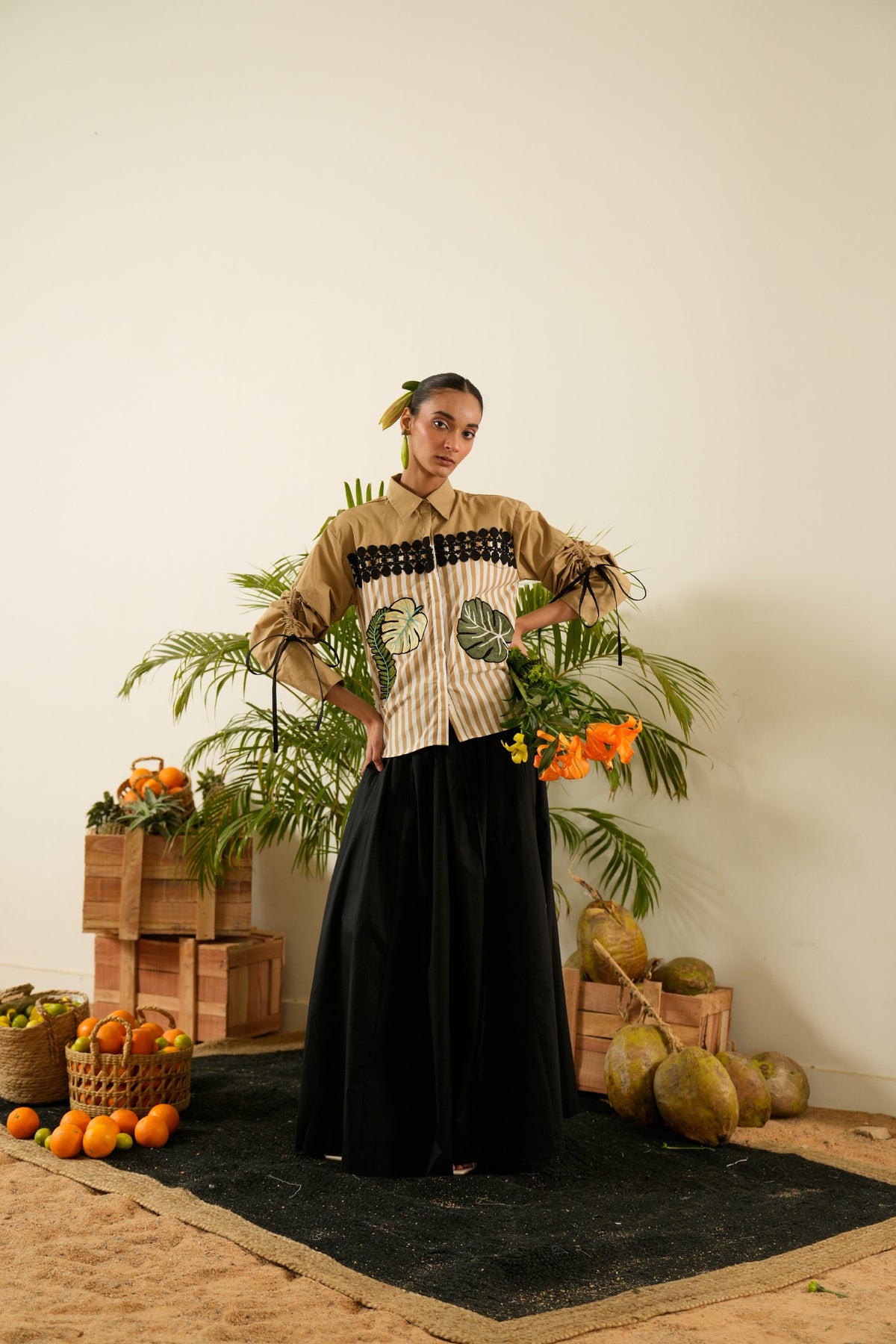 Half Striped & Embroidered  Beige  Shirt