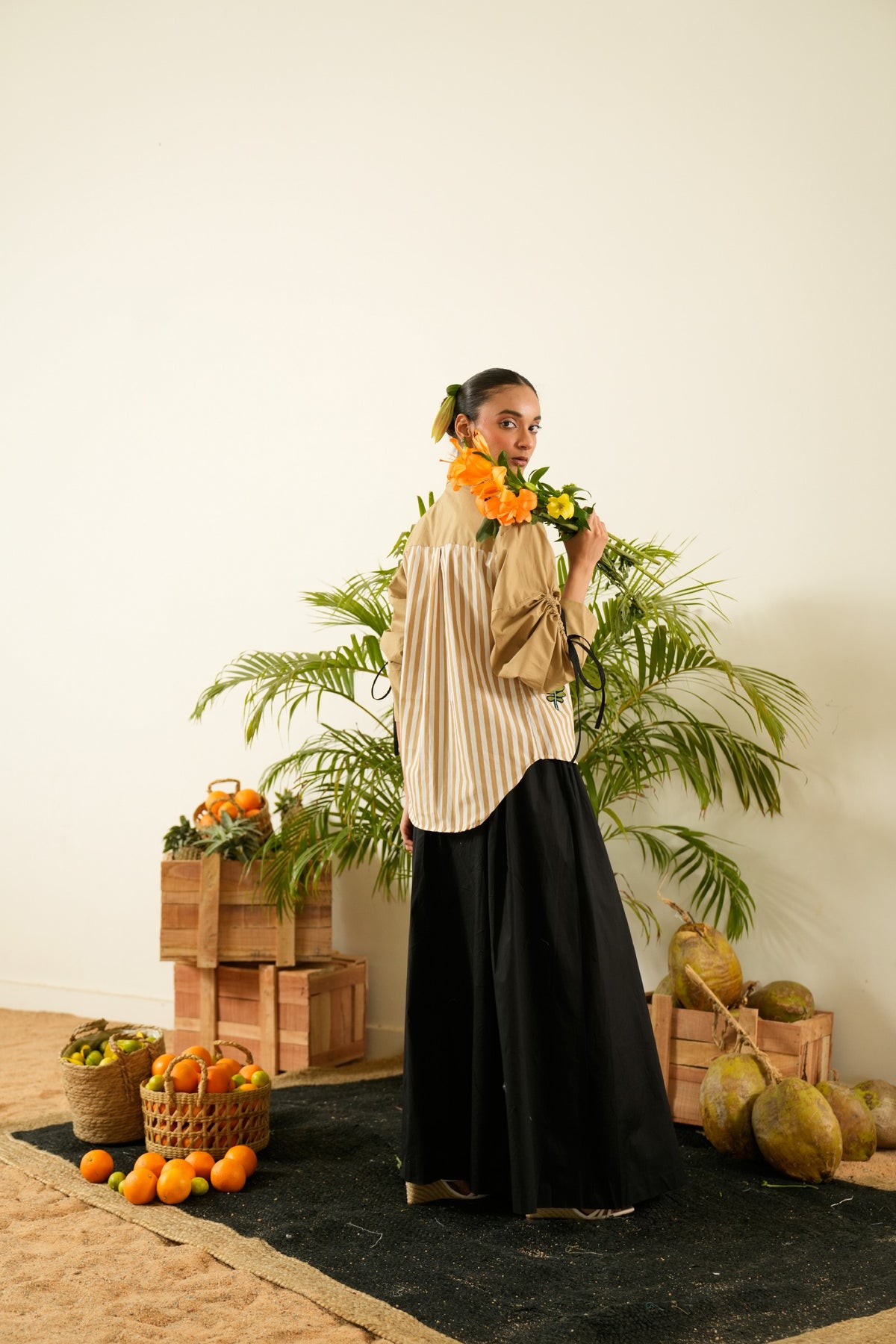 Half Striped & Embroidered  Beige  Shirt