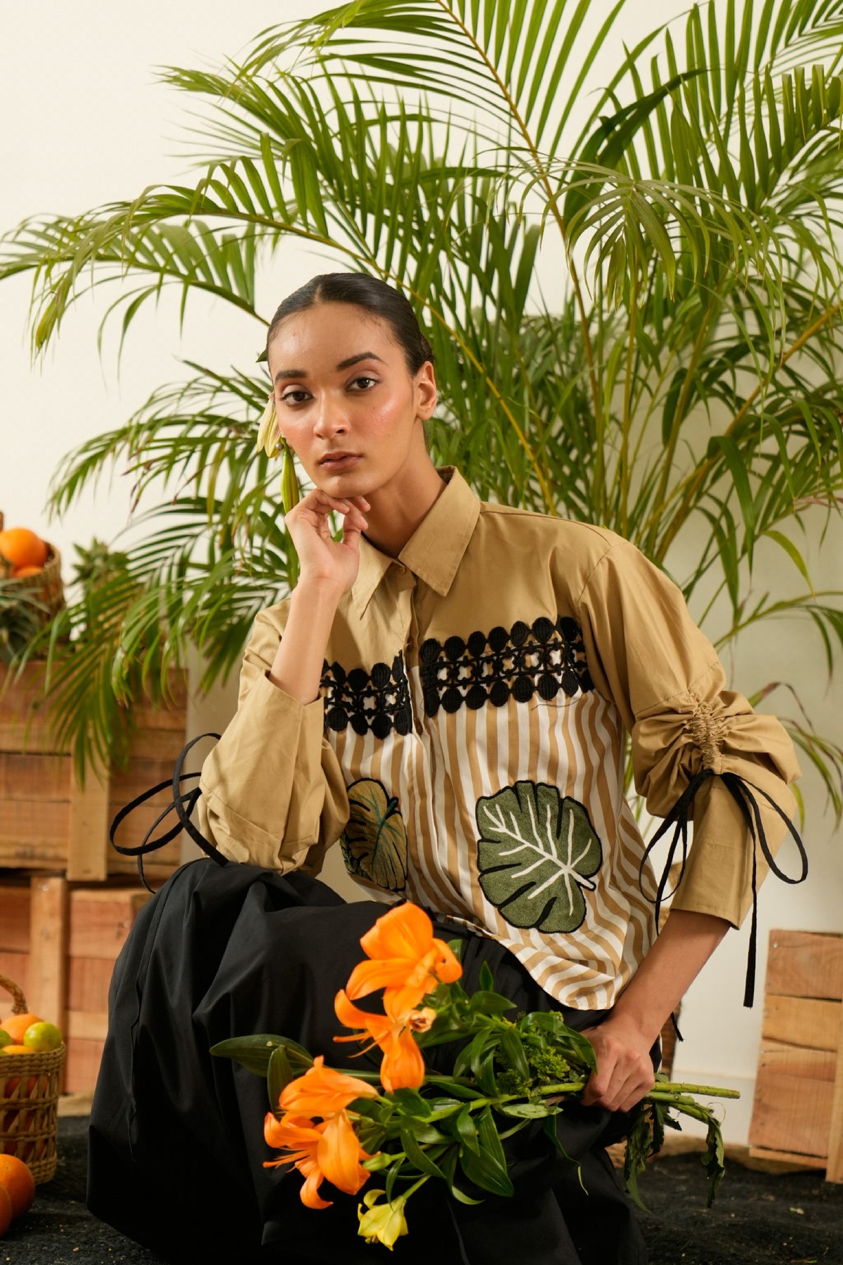 Half Striped & Embroidered  Beige  Shirt