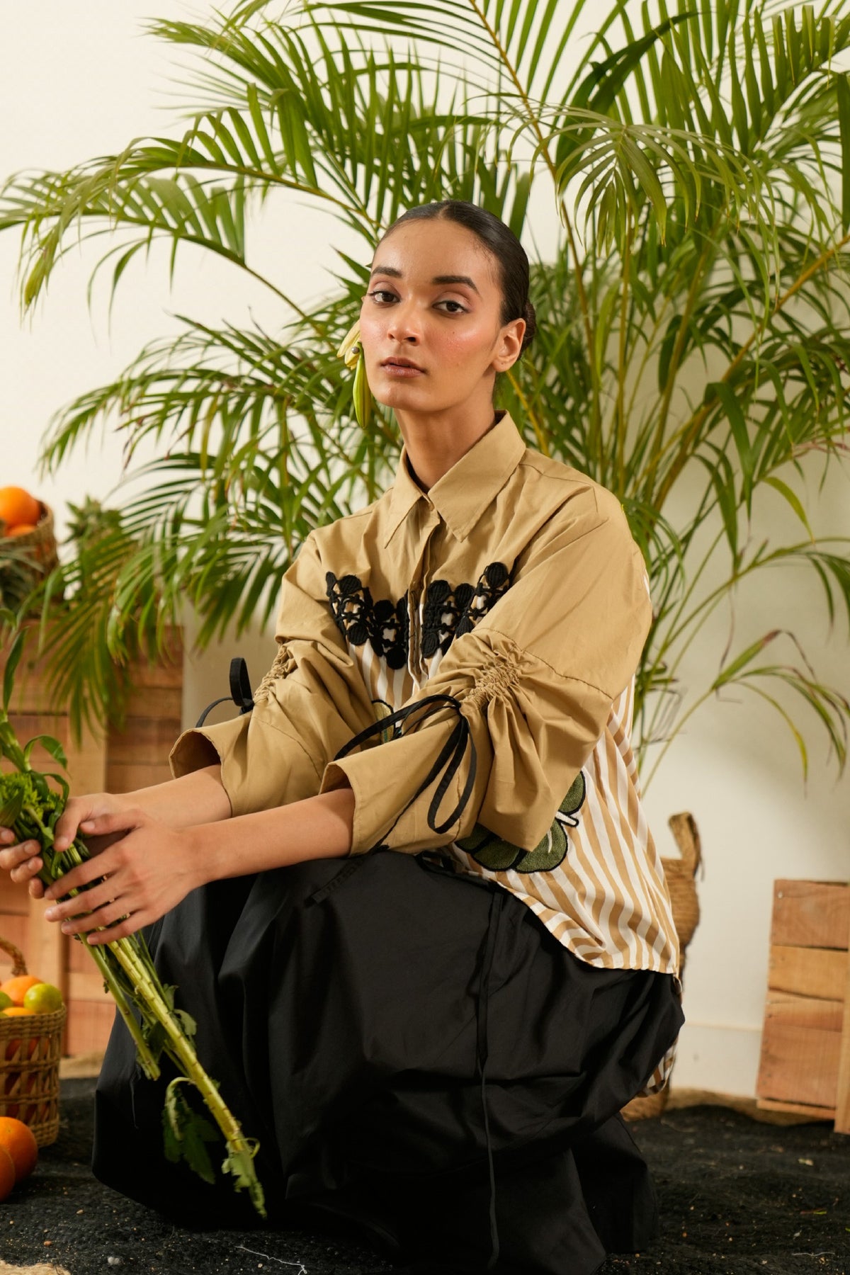 Half Striped & Embroidered  Beige  Shirt