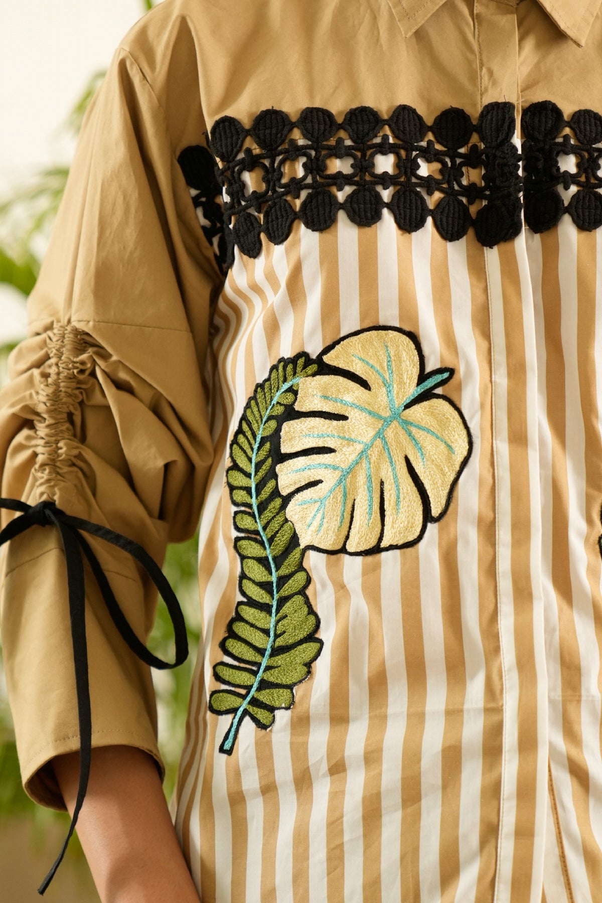 Half Striped & Embroidered  Beige  Shirt