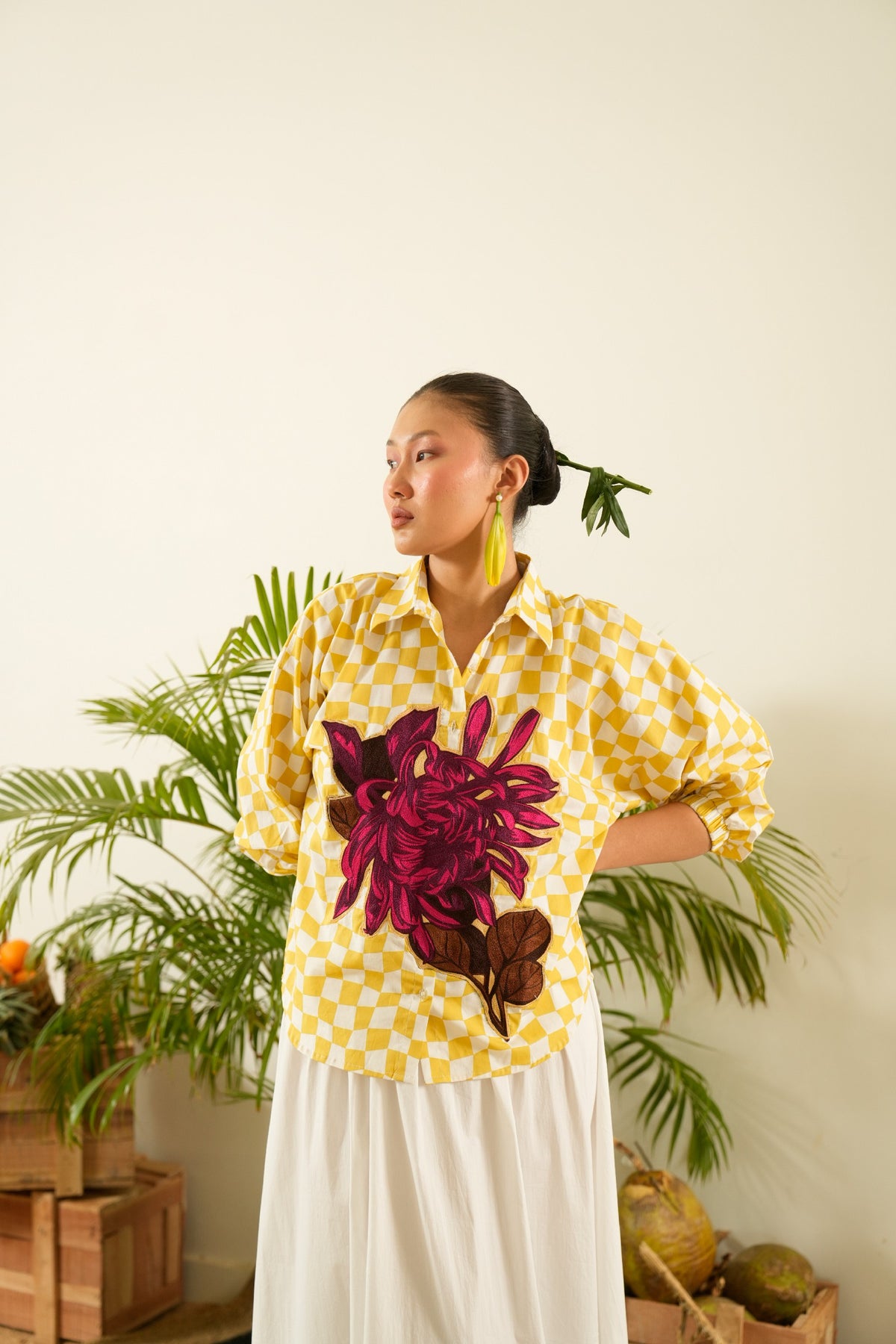 Floral Embroidered Yellow Check Top