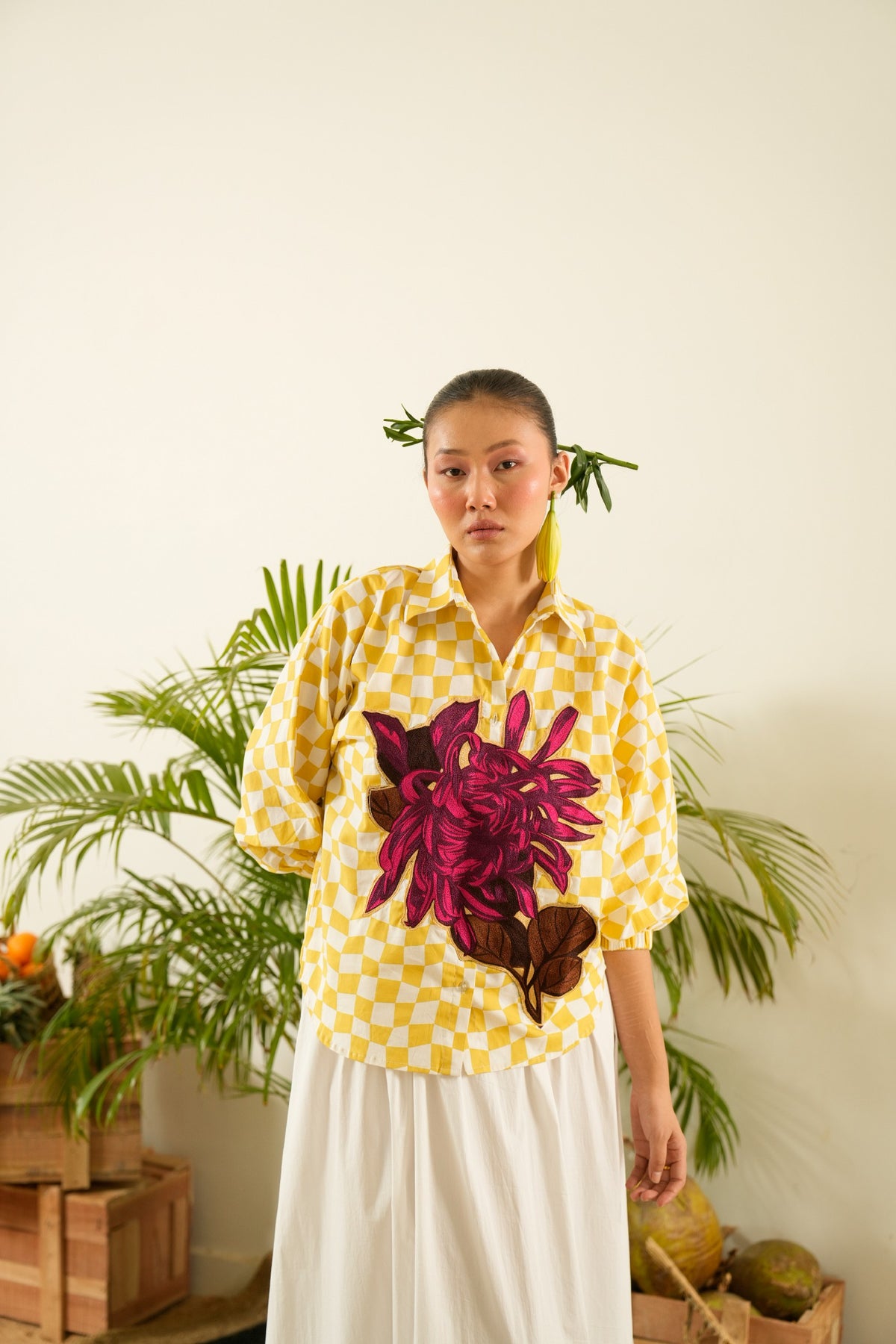 Floral Embroidered Yellow Check Top