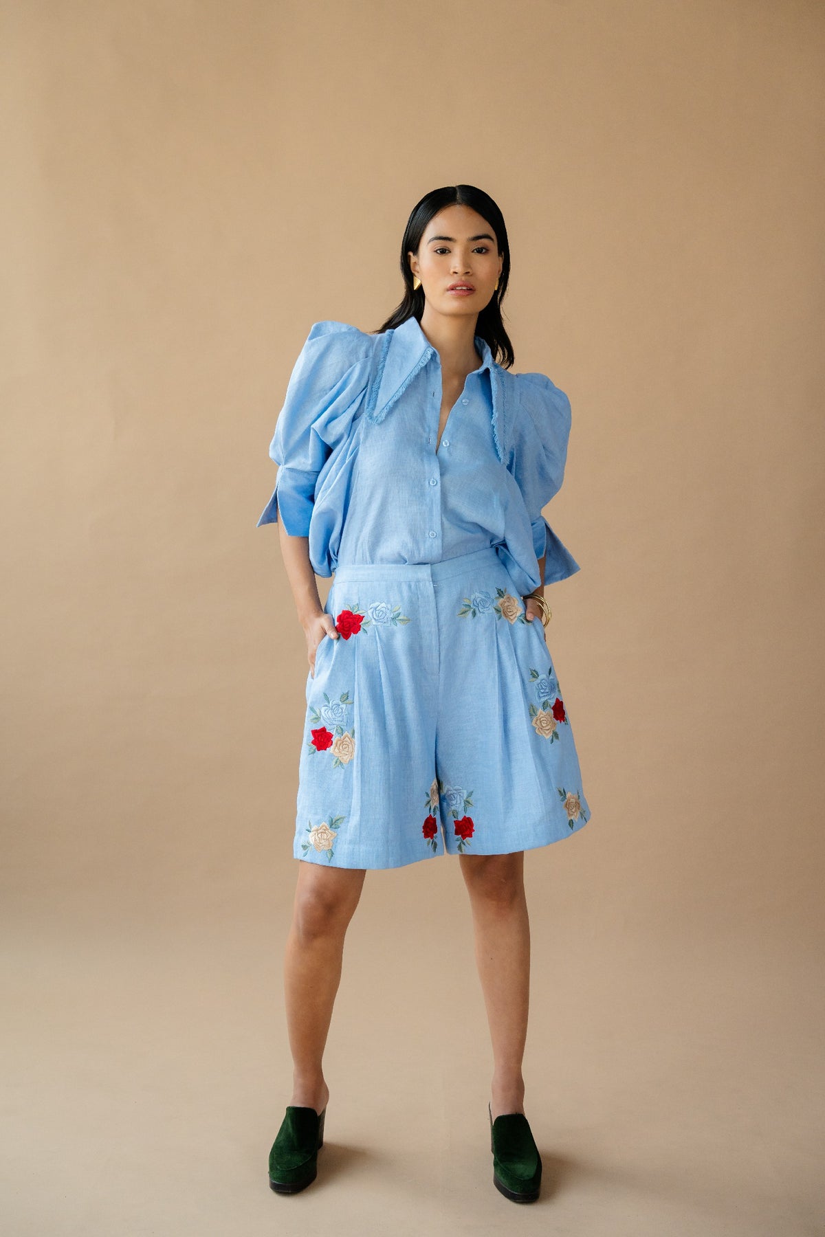 Powder Blue Elabroted Sleeves Shirt Paired With Bermuda Embroiderd Shorts