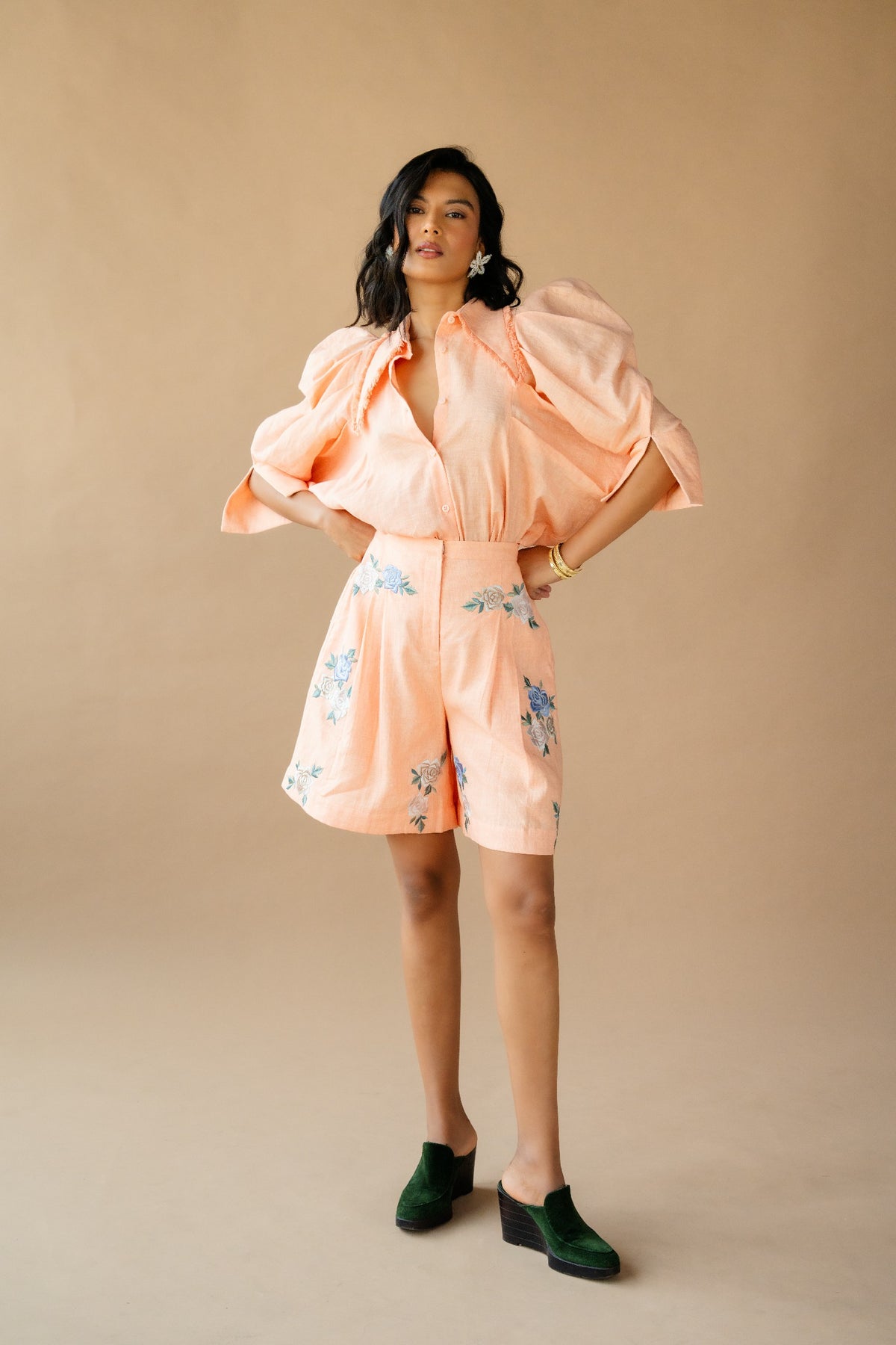 Powder Peach Elabroted Sleeves Shirt Paired With Bermuda Embroiderd Shorts