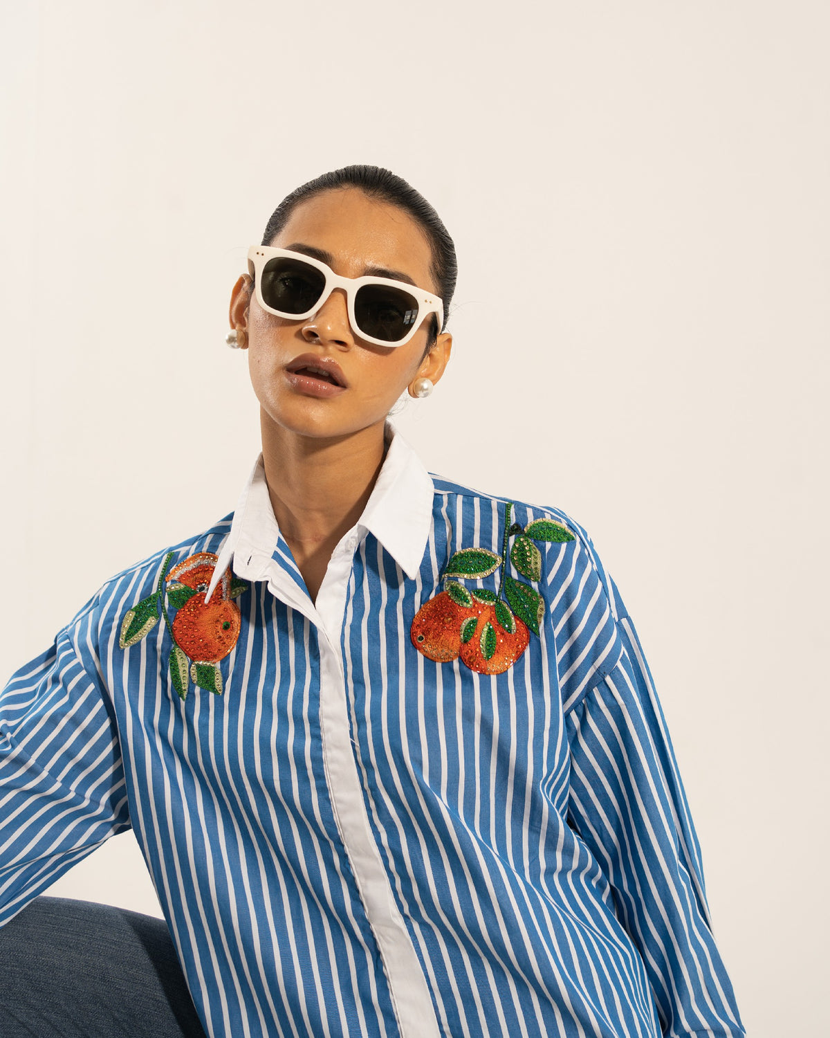 Striped Blue Orange Embroidered Shirt