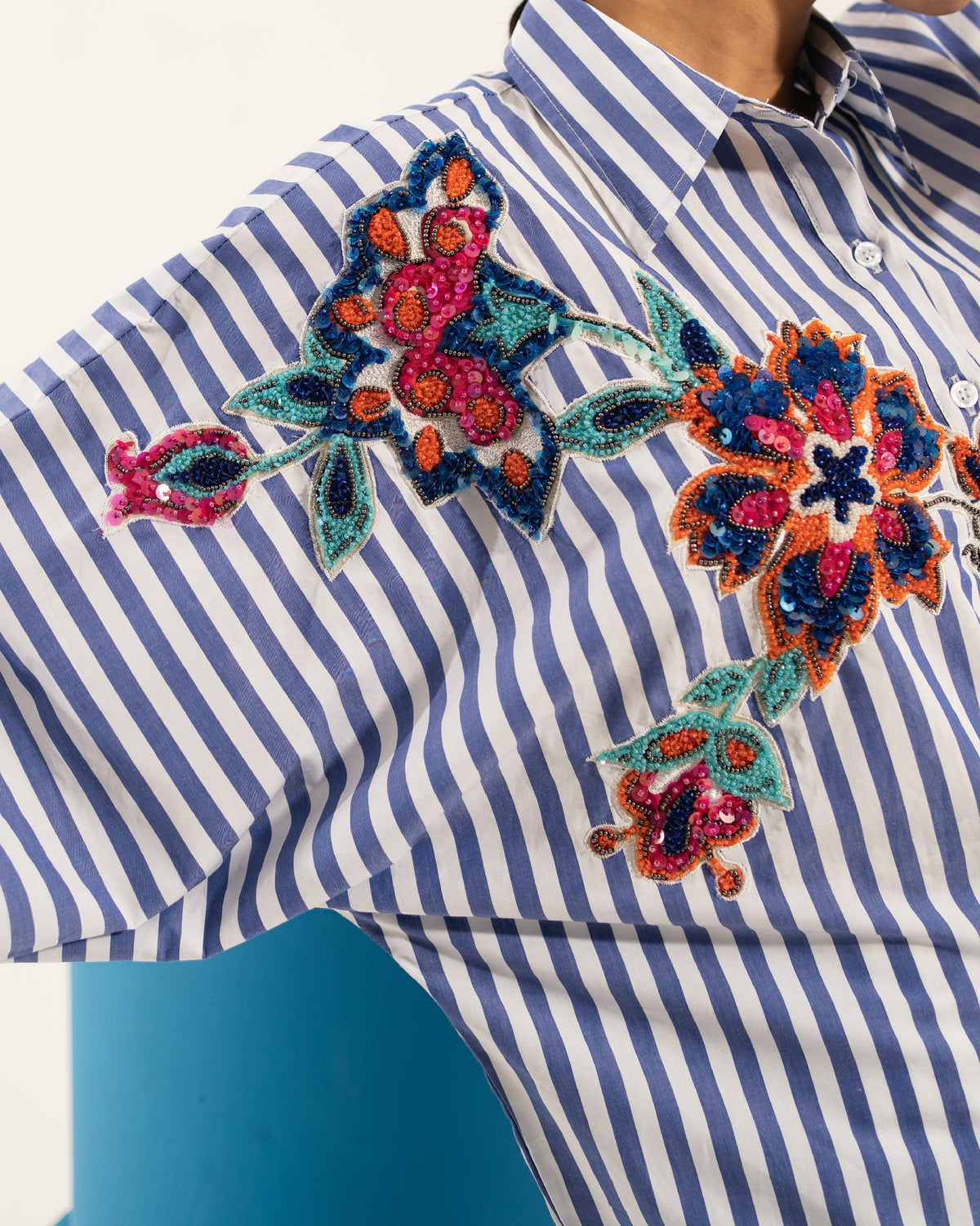 Striped Blue Floral Embroidered  Shirt