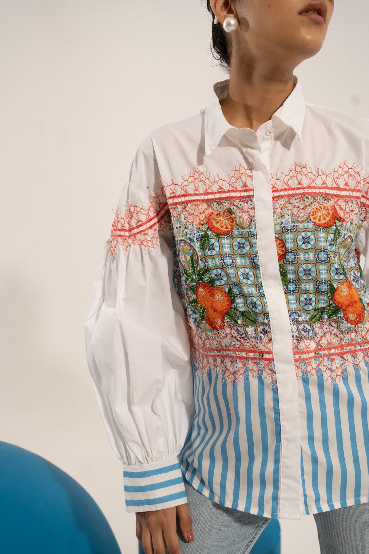 White Orange Embroidered Shirt