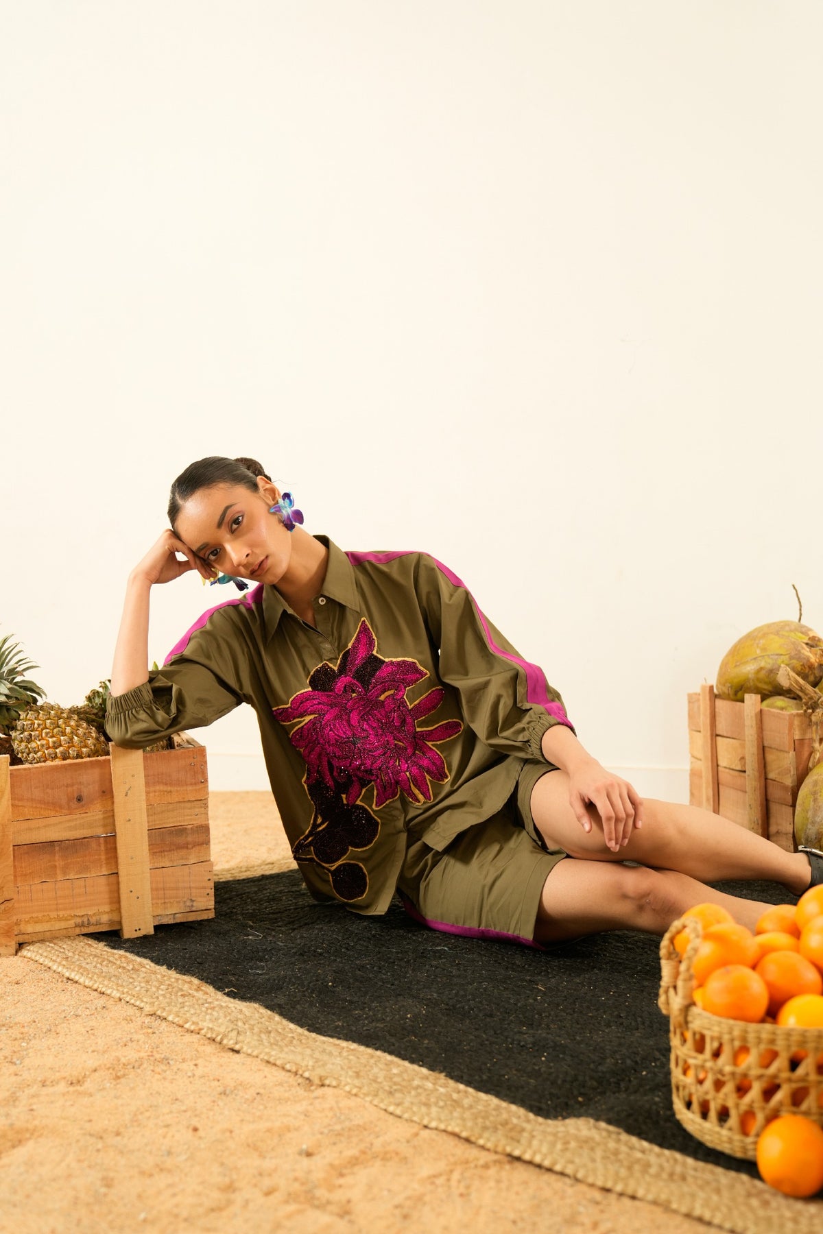 Olive Floral Embroidered Shirt