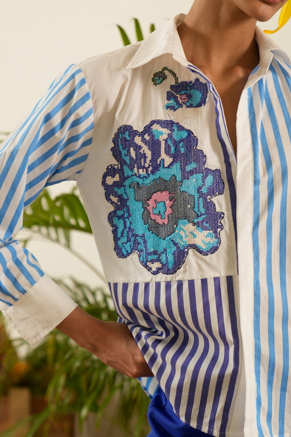 Striped Blue  Abstract Embroidered  Shirt