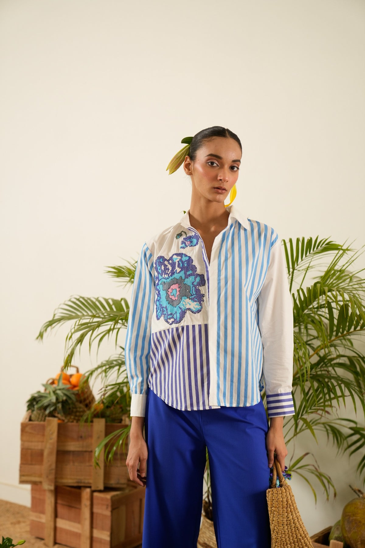 Striped Blue  Abstract Embroidered  Shirt