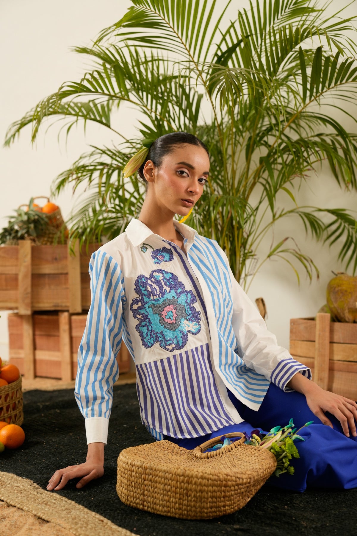 Striped Blue  Abstract Embroidered  Shirt