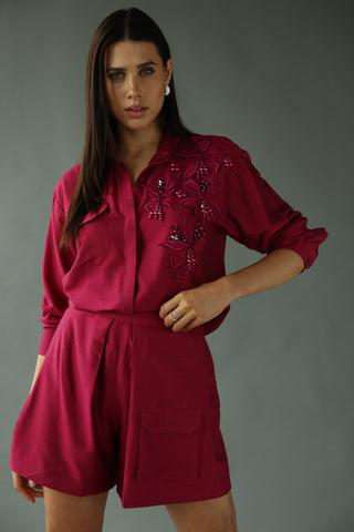 Wine Oversize  Shirt With Box Pleat Shorts.