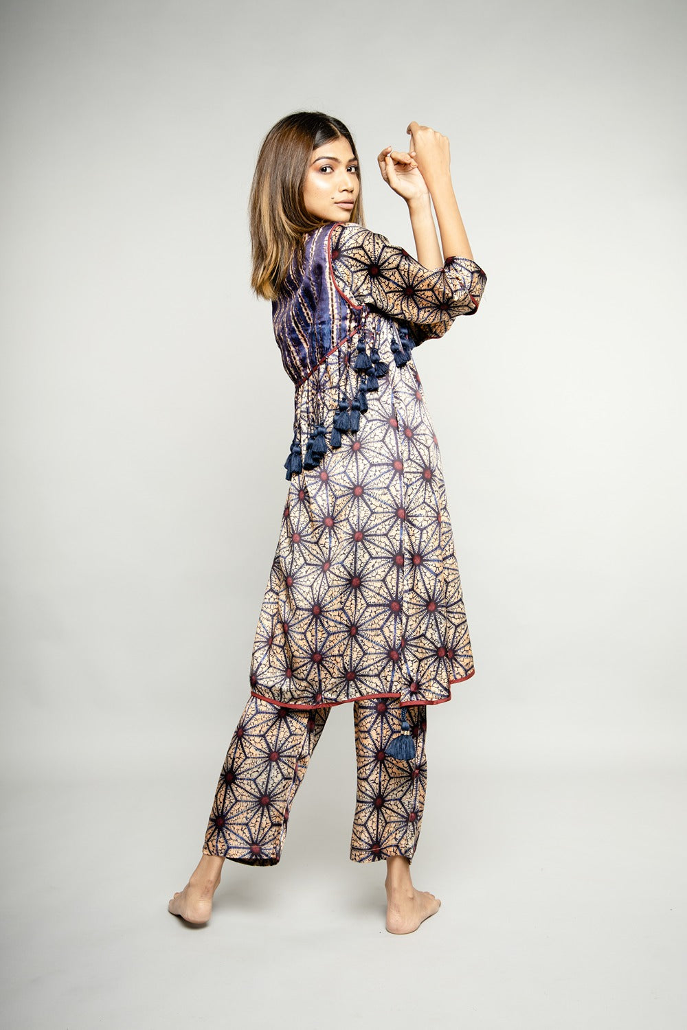 BLUE PRINTED JACKET TUNIC SET