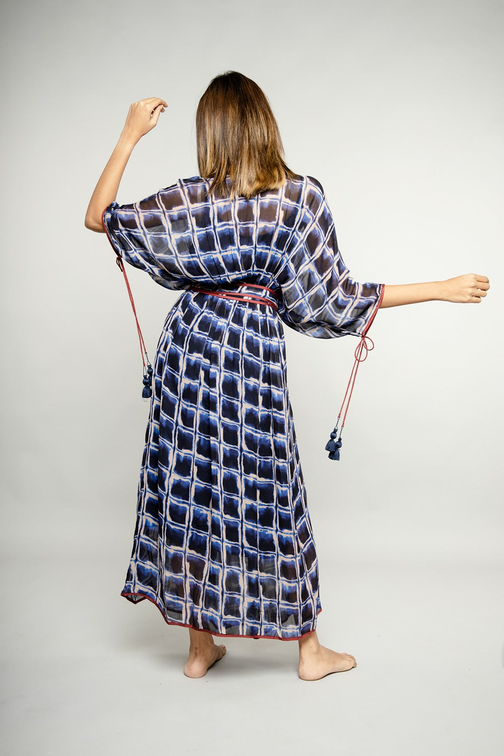 BLUE CHECKS BELTED KAFTAN MAXI