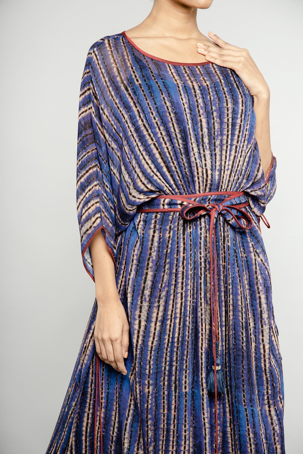 BLUE STRIPED BELTED KAFTAN MAXI