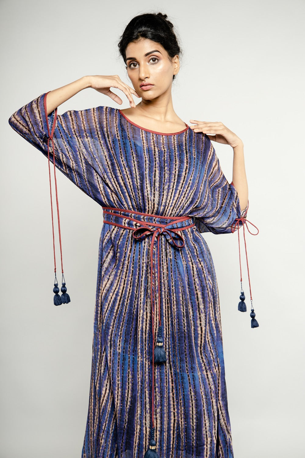 BLUE STRIPED BELTED KAFTAN MAXI