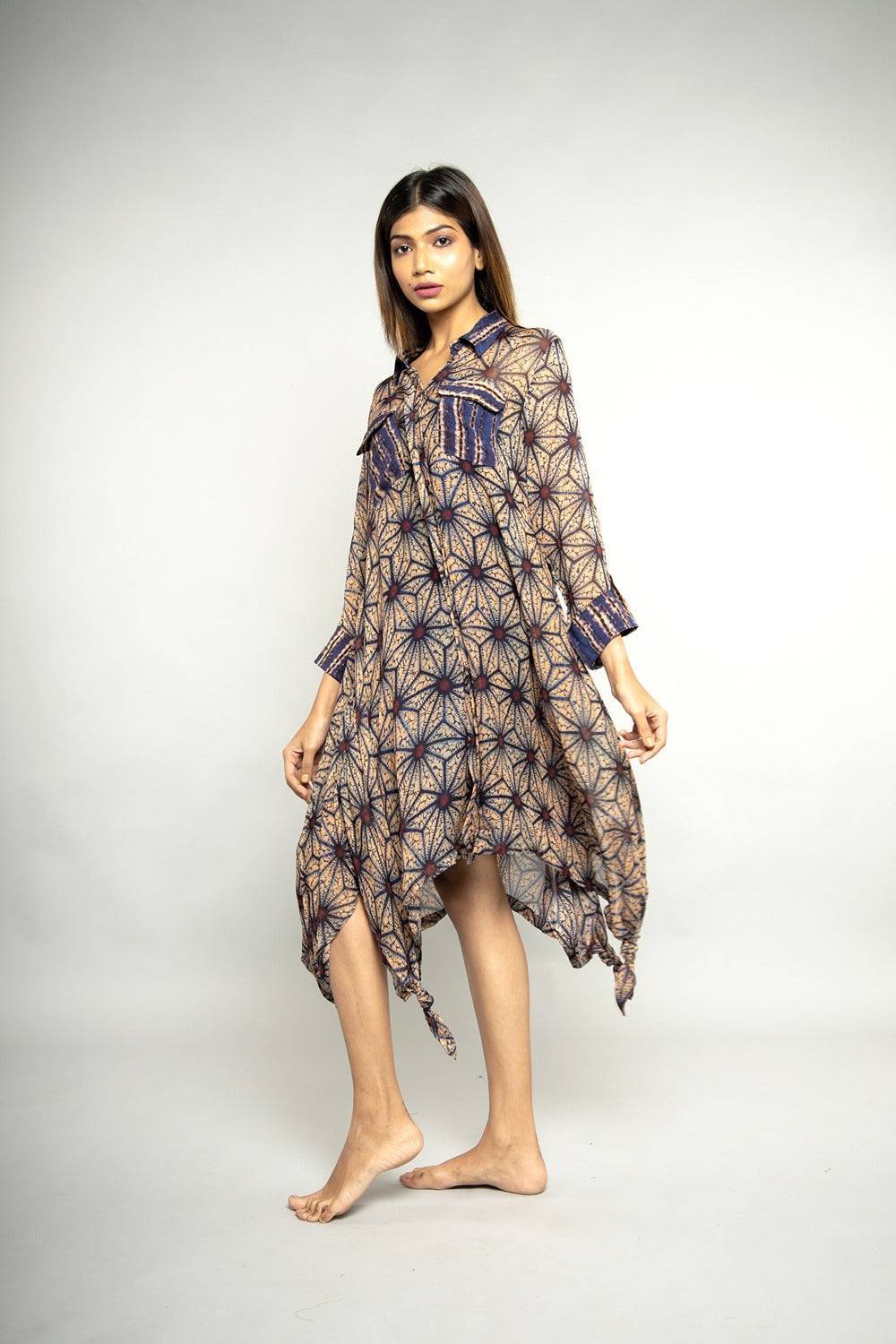 BROWN & BLUE PRINT SHIRT DRESS