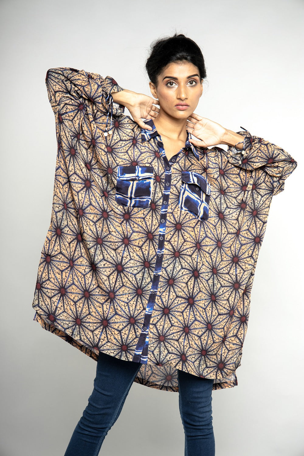 BROWN & BLUE PRINT OVER SIZED SHIRT