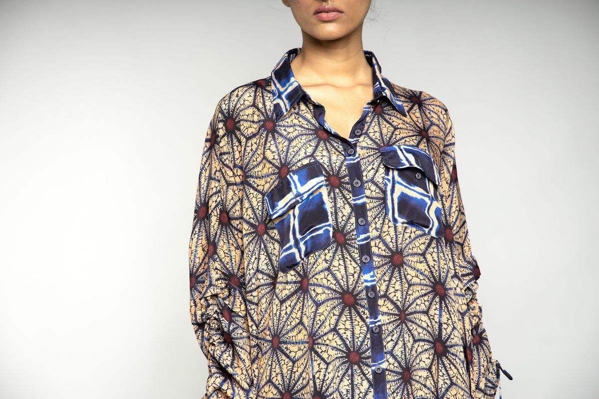 BROWN & BLUE PRINT OVER SIZED SHIRT