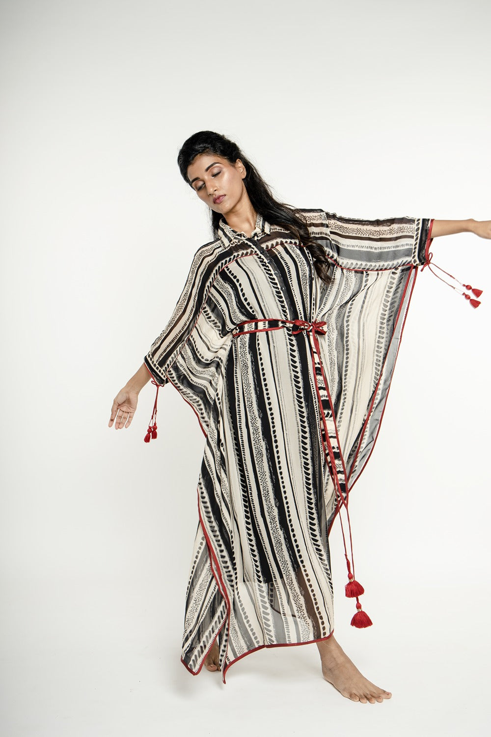 B& W STRIPE BELTED KAFTAN MAXI