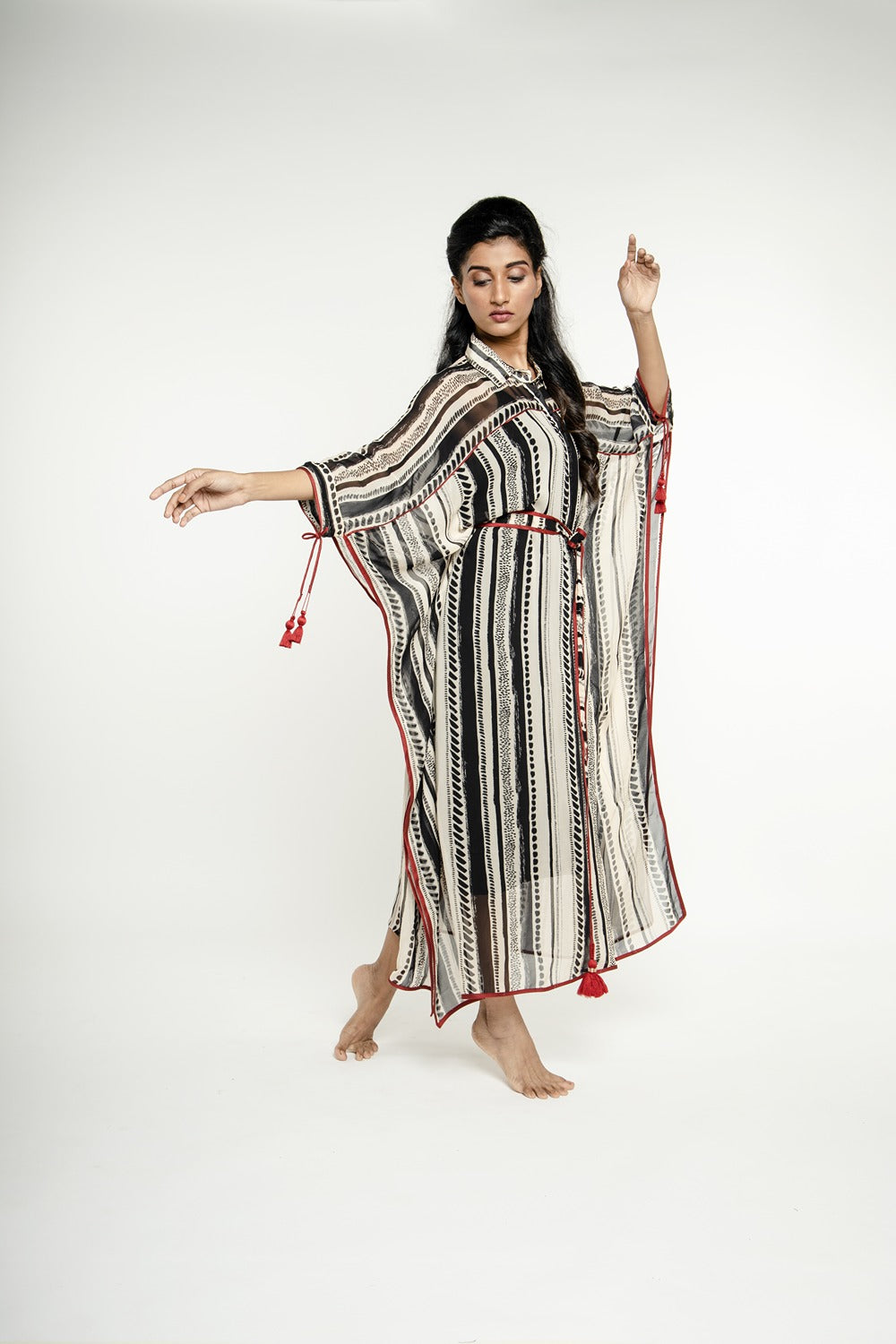 B& W STRIPE BELTED KAFTAN MAXI