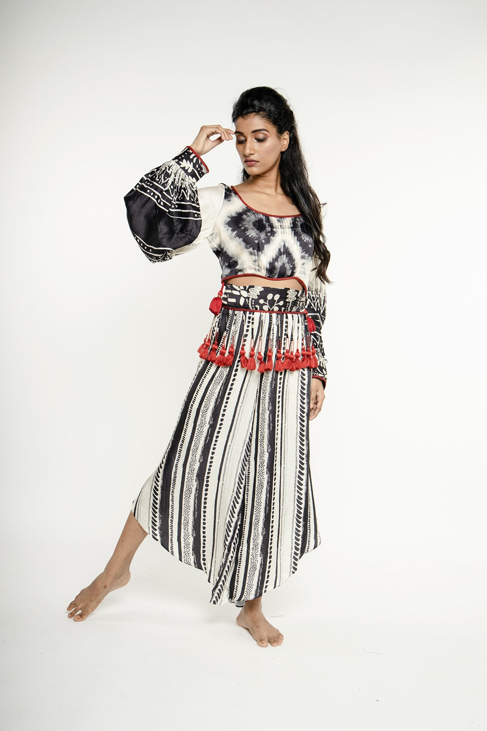 IKAT & STRIPE CROP TOP W/FLARED PANTS