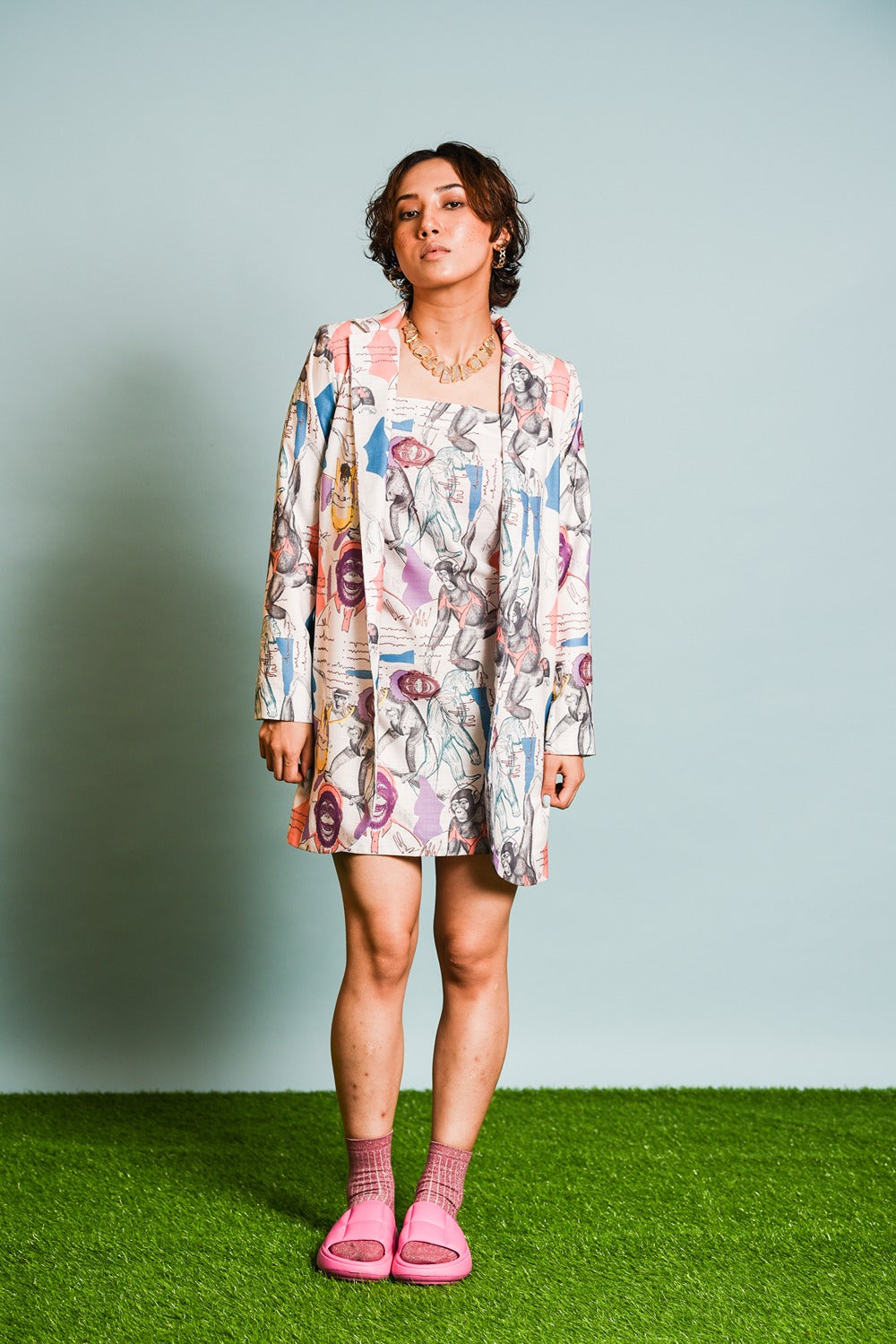 JAPANESE MACAQUES PRINT DRESS PAIRED WITH  BLAZER