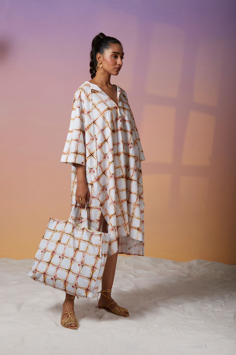 Alba Kaftan Dress in Rust Watercolor Check