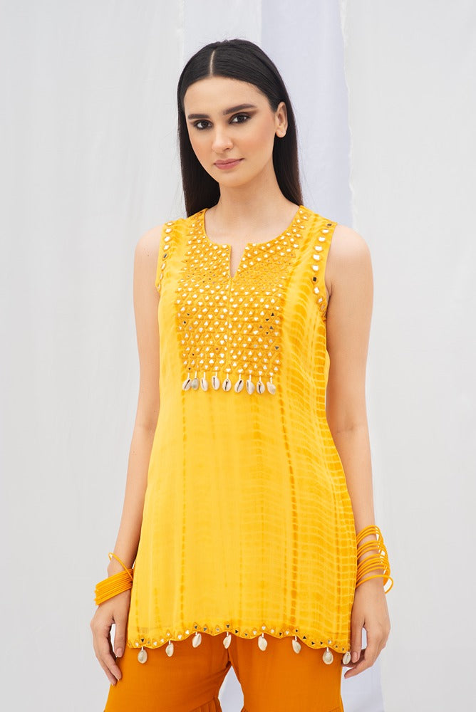 Yellow Mirror Kurta With Sharara