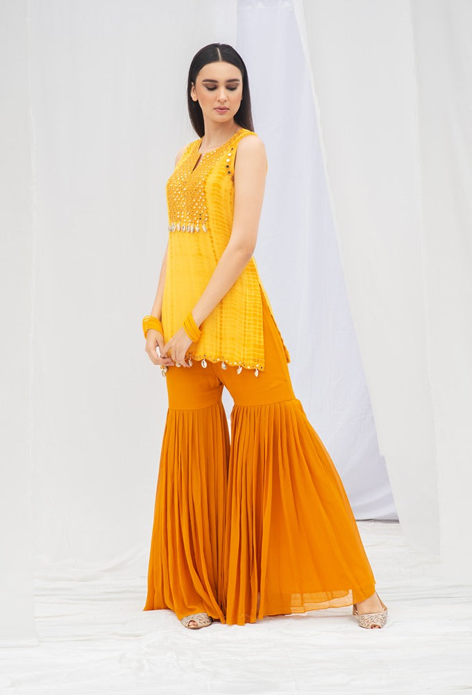 Yellow Mirror Kurta With Sharara