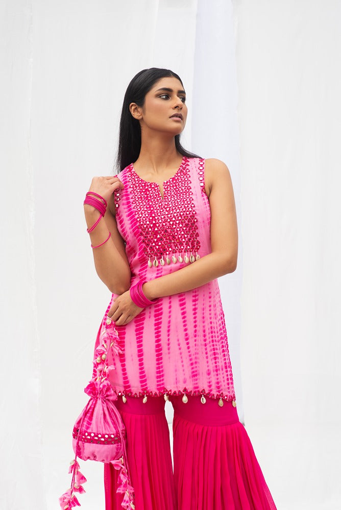 Pink Mirror Kurta With Sharara