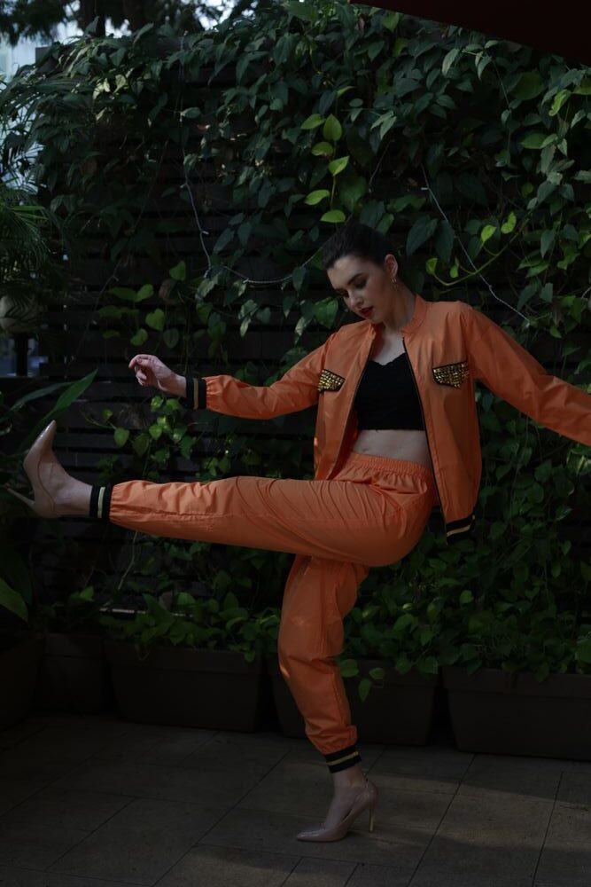 Orange bomber jacket with jogger set