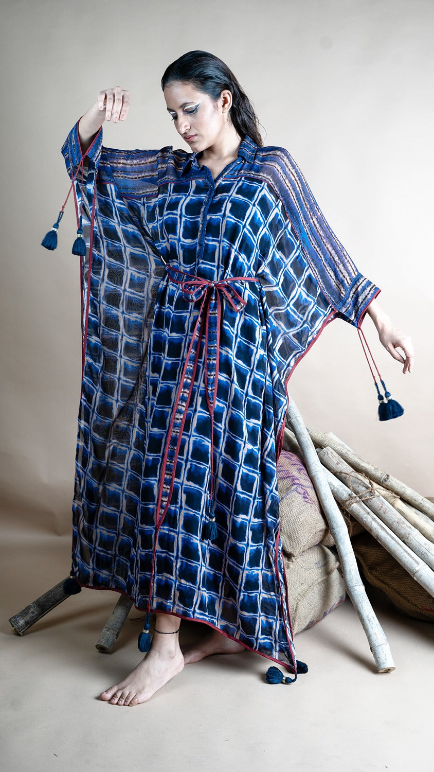 BLUE CHECKS BELTED KAFTAN MAXI