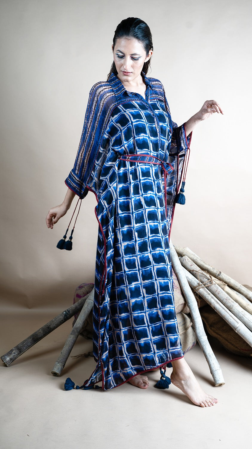 BLUE CHECKS BELTED KAFTAN MAXI