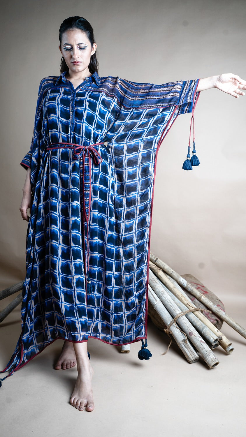 BLUE CHECKS BELTED KAFTAN MAXI