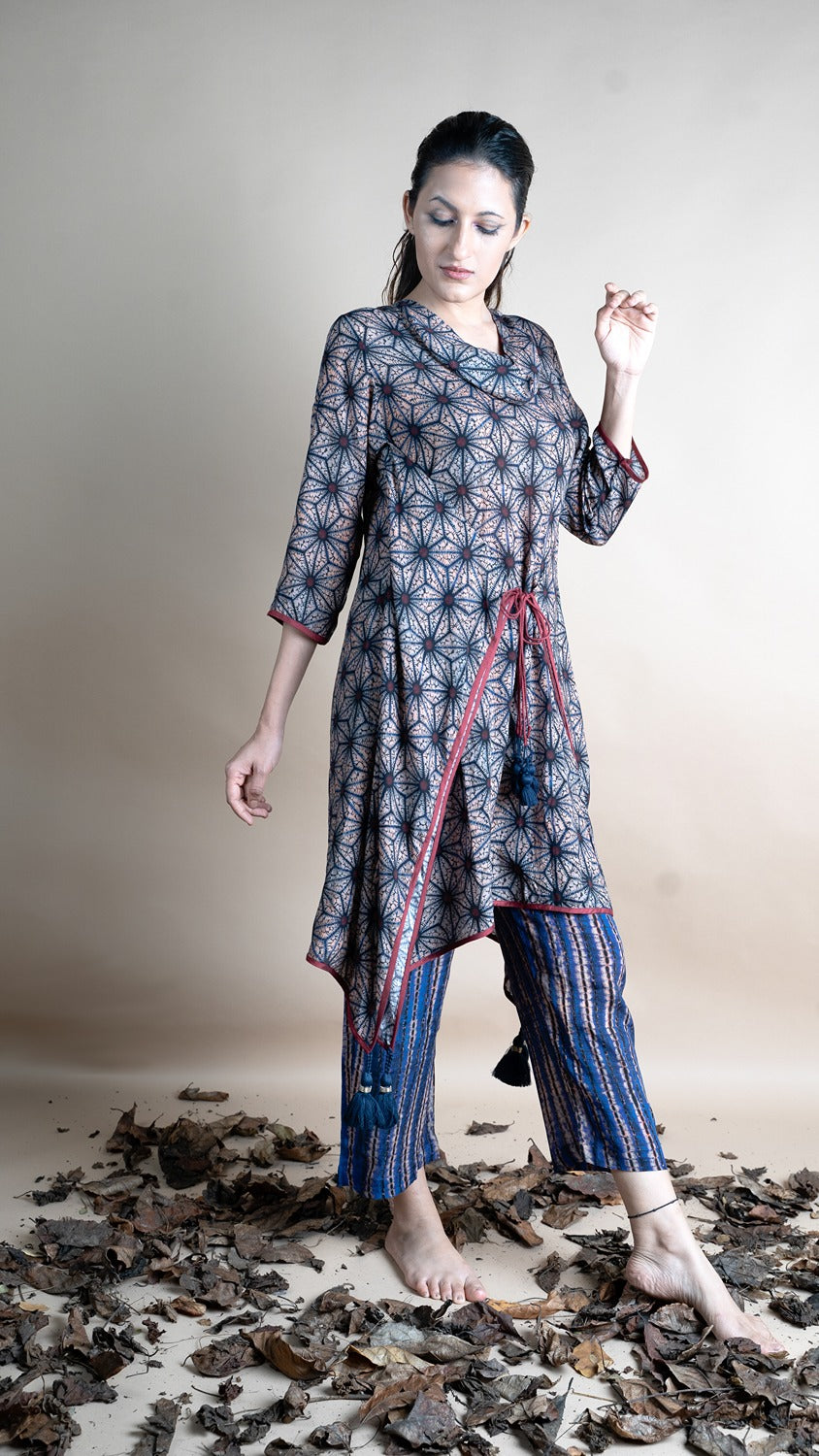 BLUE PRINTED/ STRIPE COWL TUNIC SET