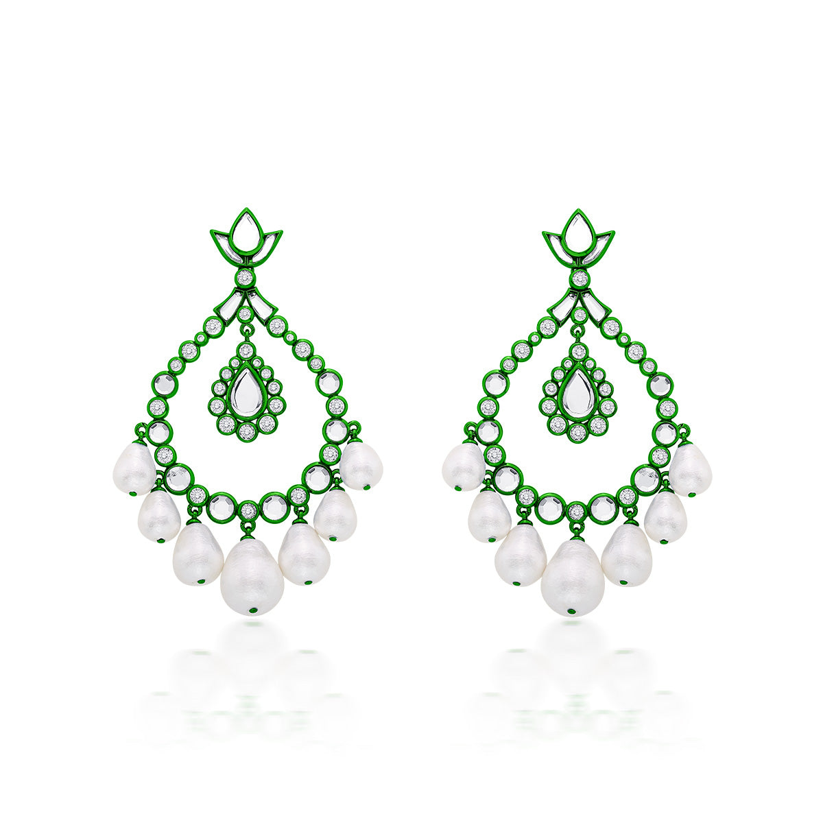 Parakeet Green Elongated Crystal Pearl Earrings