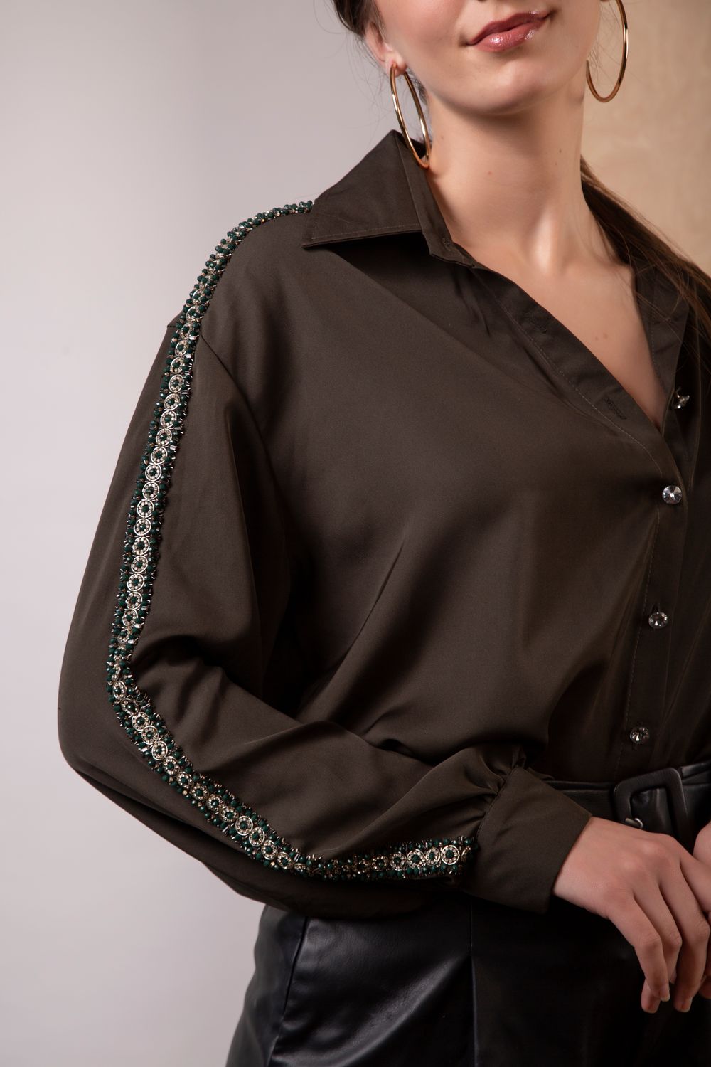 Olive Embellished Button Up Shirt