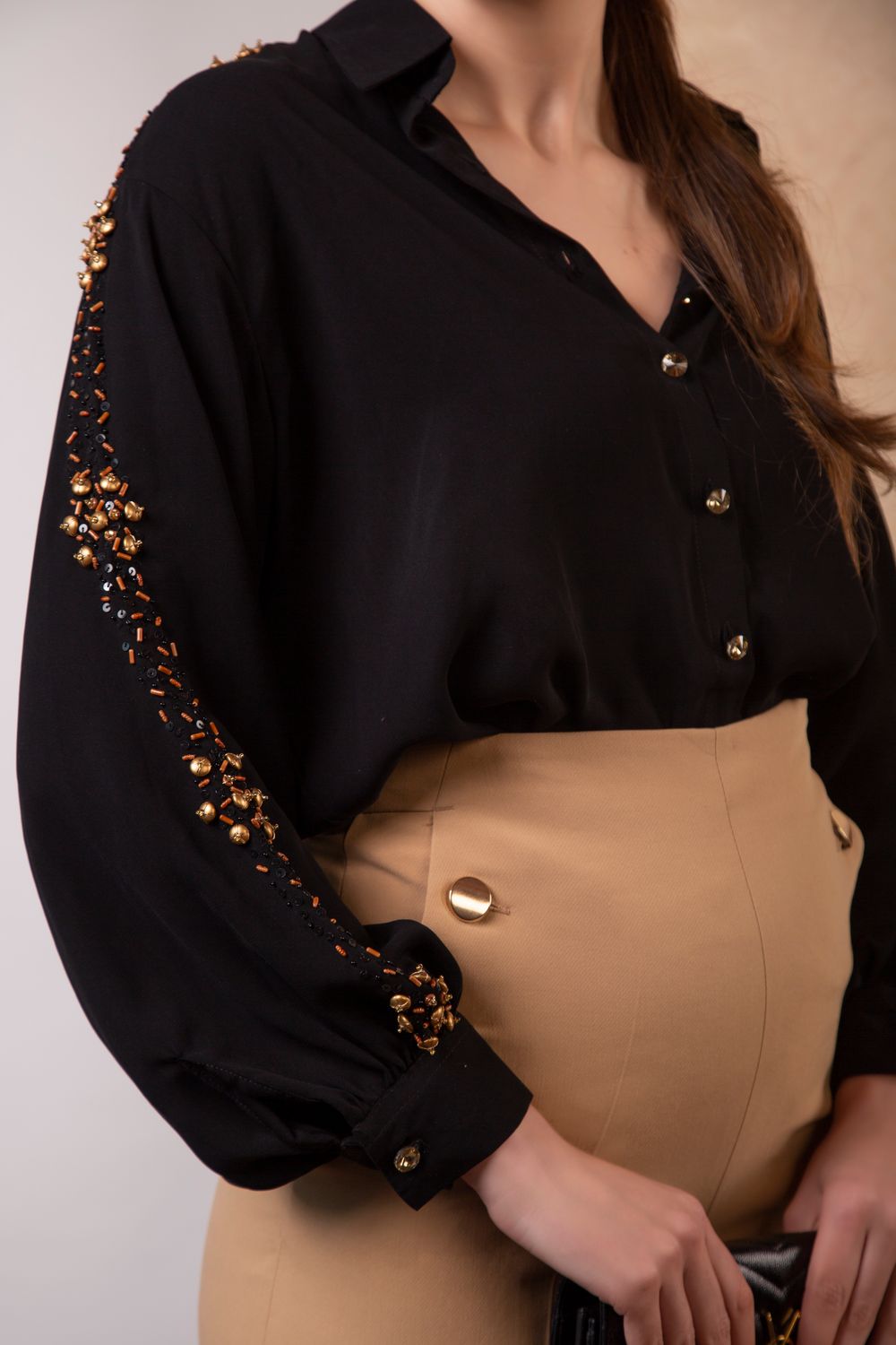 Black Embellished Button Up Shirt